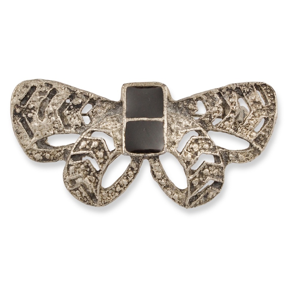 Vintage Bow Brooch Brutalist Style Silver Tone Black Enamel